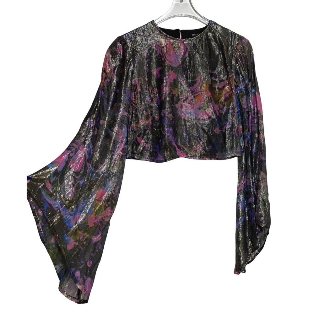 Nasty Gal Flare Sleeve Crop Top Womens Size 4 Multicolor Metallic Marble Print